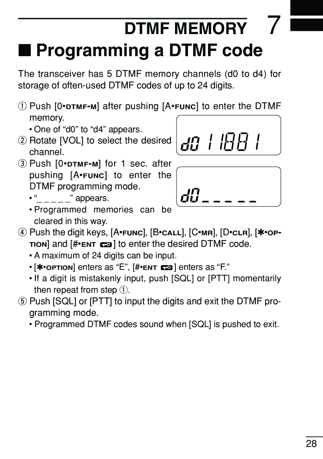 Icom IC-V8 instruction manual Programming a Dtmf code, One of d0 to d4 appears 