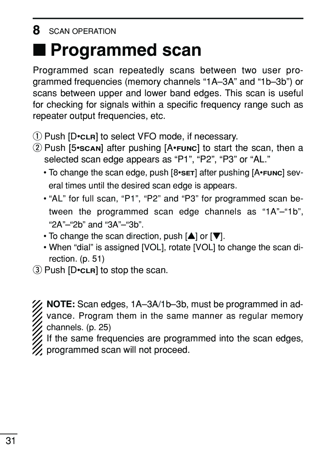 Icom IC-V8 instruction manual Programmed scan 