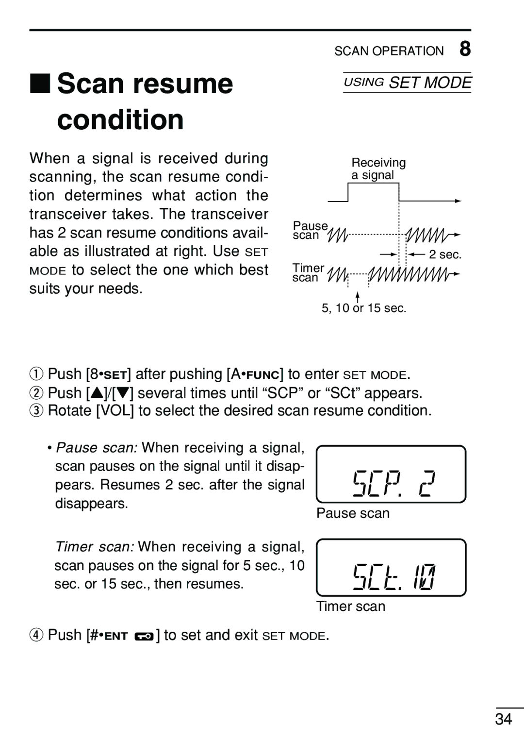 Icom IC-V8 instruction manual Scan resume Condition 