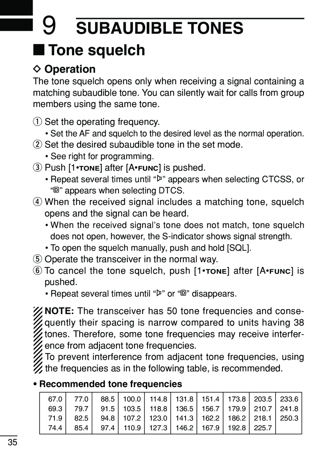 Icom IC-V8 instruction manual Operation, Recommended tone frequencies 