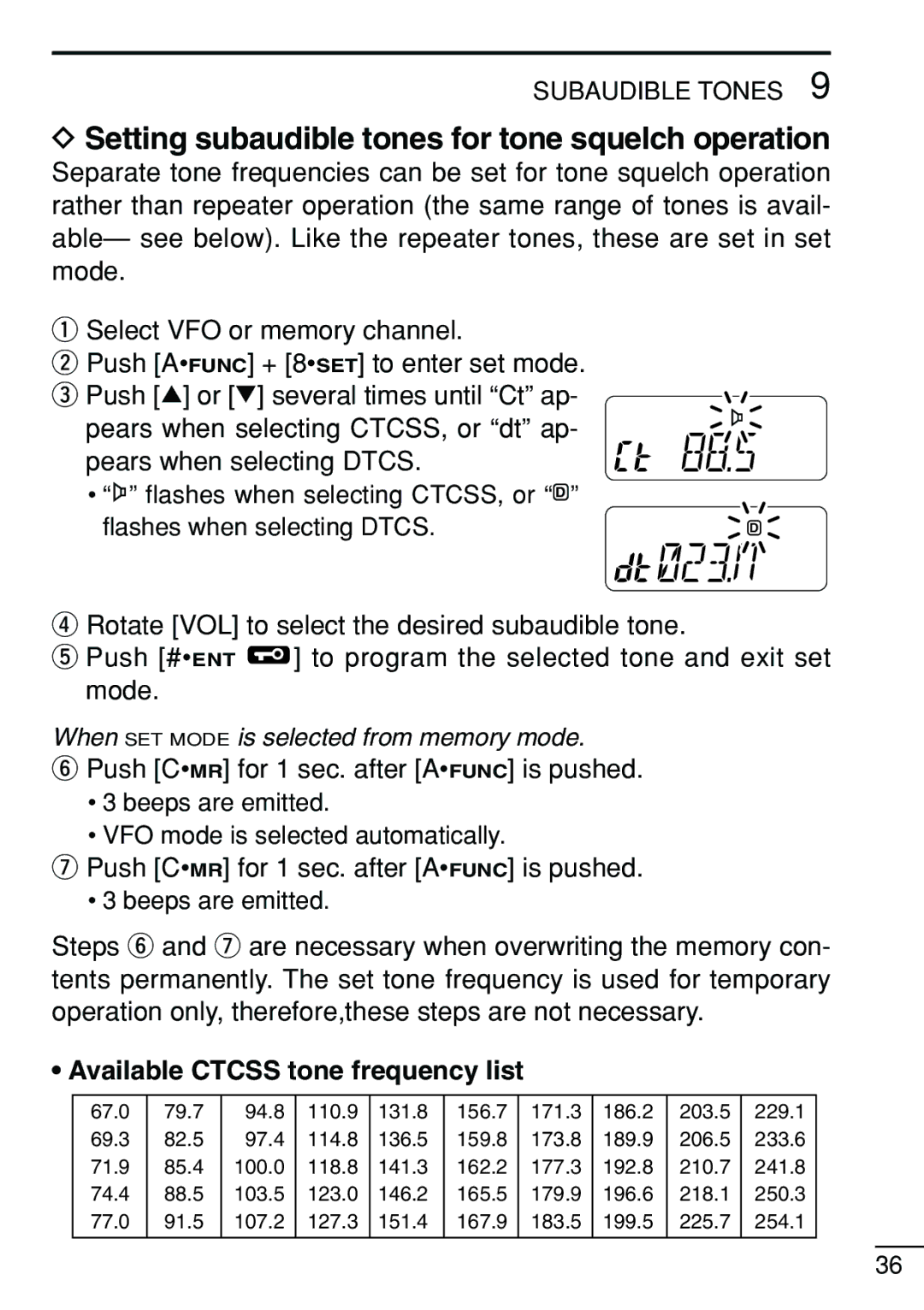 Icom IC-V8 instruction manual Setting subaudible tones for tone squelch operation, Available Ctcss tone frequency list 