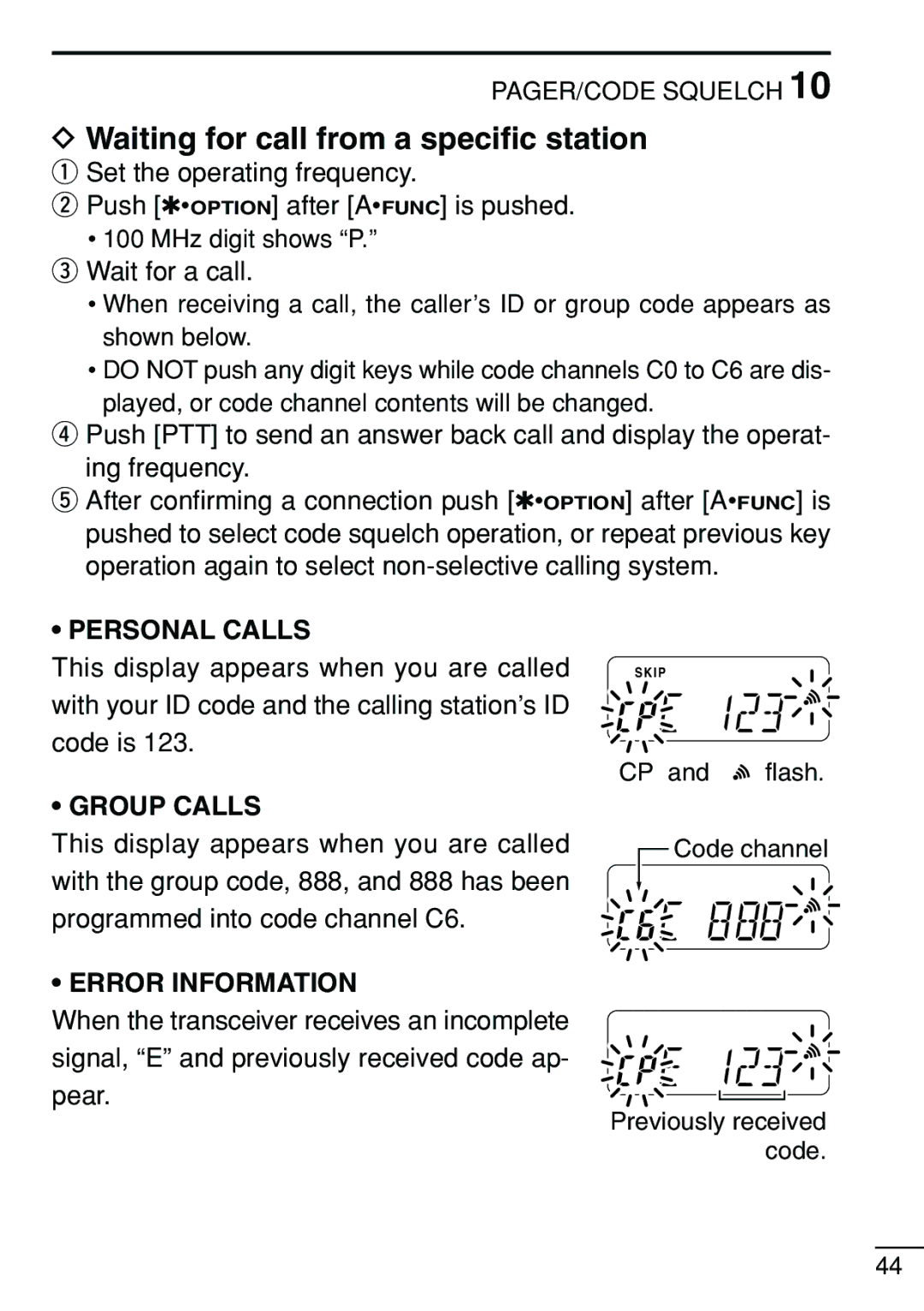 Icom IC-V8 instruction manual Waiting for call from a speciﬁc station, Personal Calls 