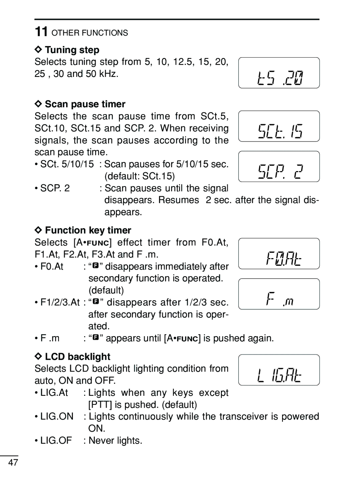 Icom IC-V8 instruction manual Tuning step, Scan pause timer, Function key timer, LCD backlight 