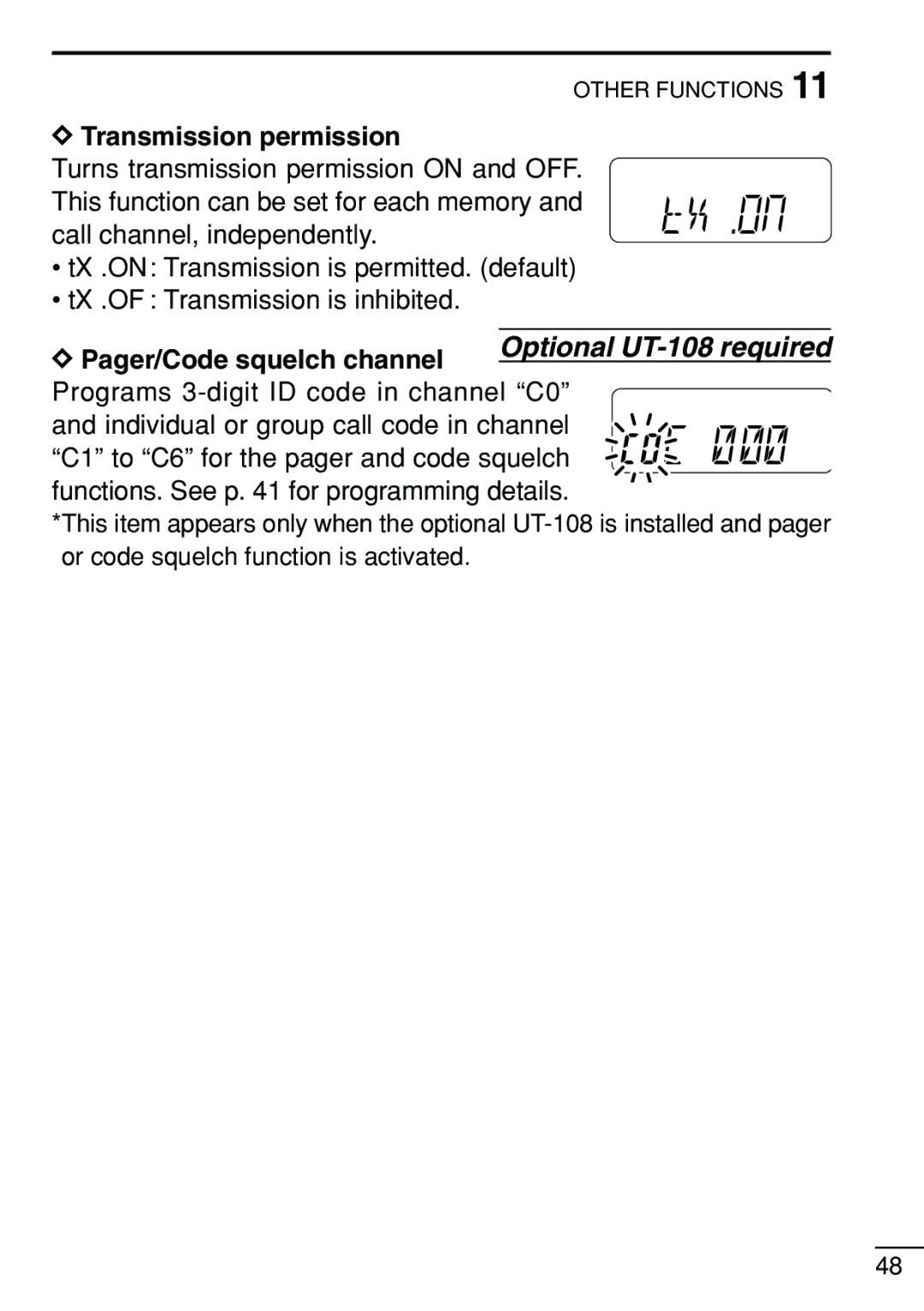 Icom IC-V8 instruction manual Transmission permission, Pager/Code squelch channel Optional UT-108 required 