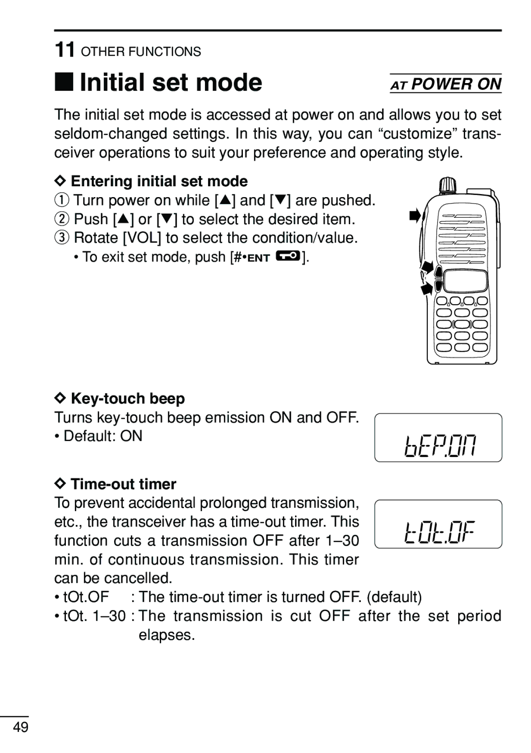 Icom IC-V8 instruction manual Entering initial set mode, Key-touch beep, Time-out timer 