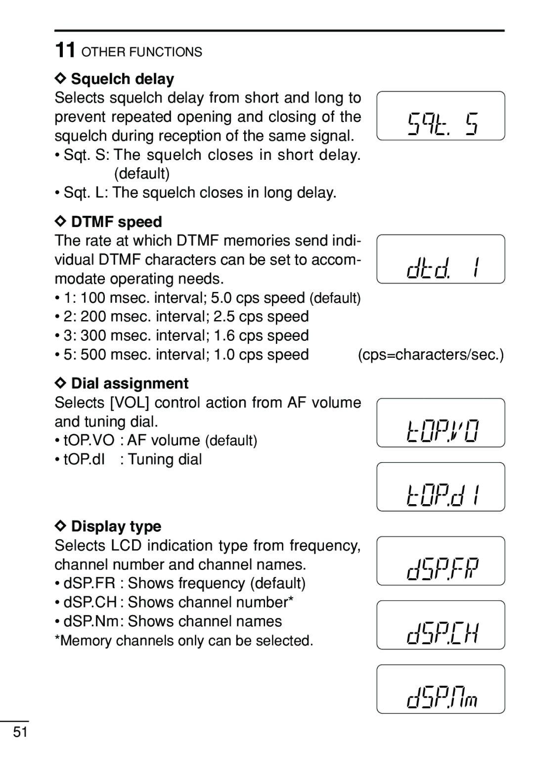 Icom IC-V8 instruction manual Squelch delay, Dtmf speed, Dial assignment, Display type 