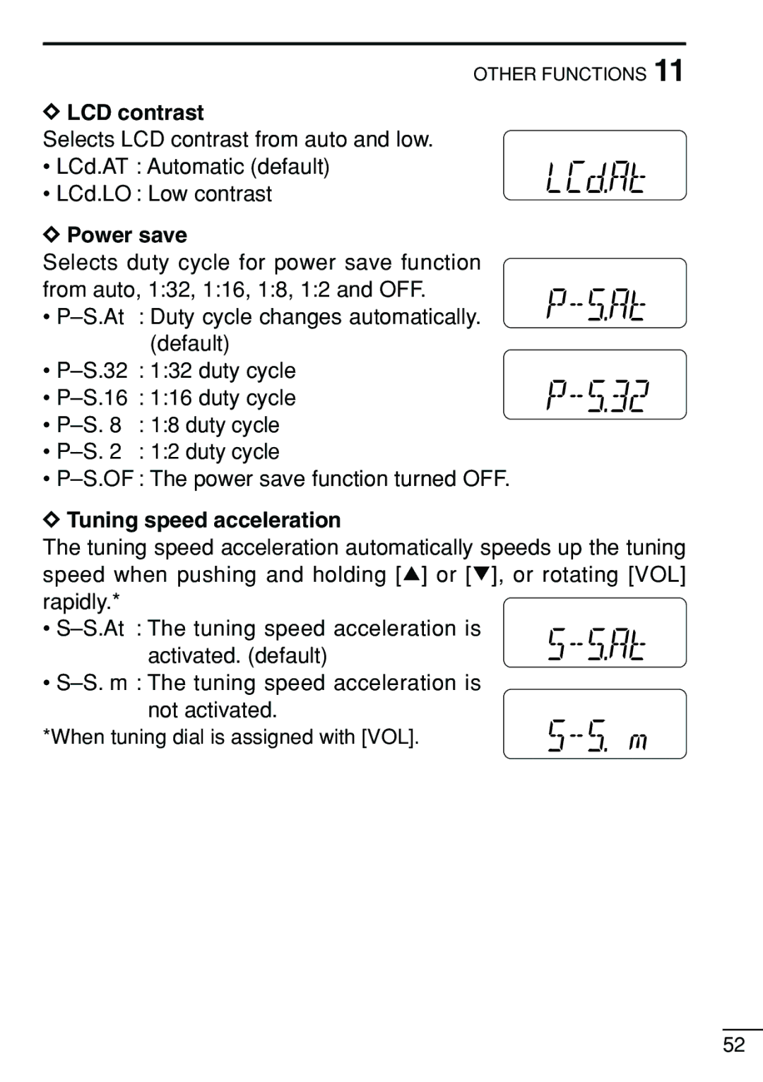 Icom IC-V8 instruction manual LCD contrast, Power save, Tuning speed acceleration 