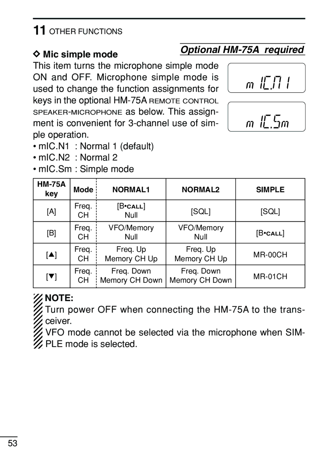 Icom IC-V8 instruction manual Optional HM-75A required 