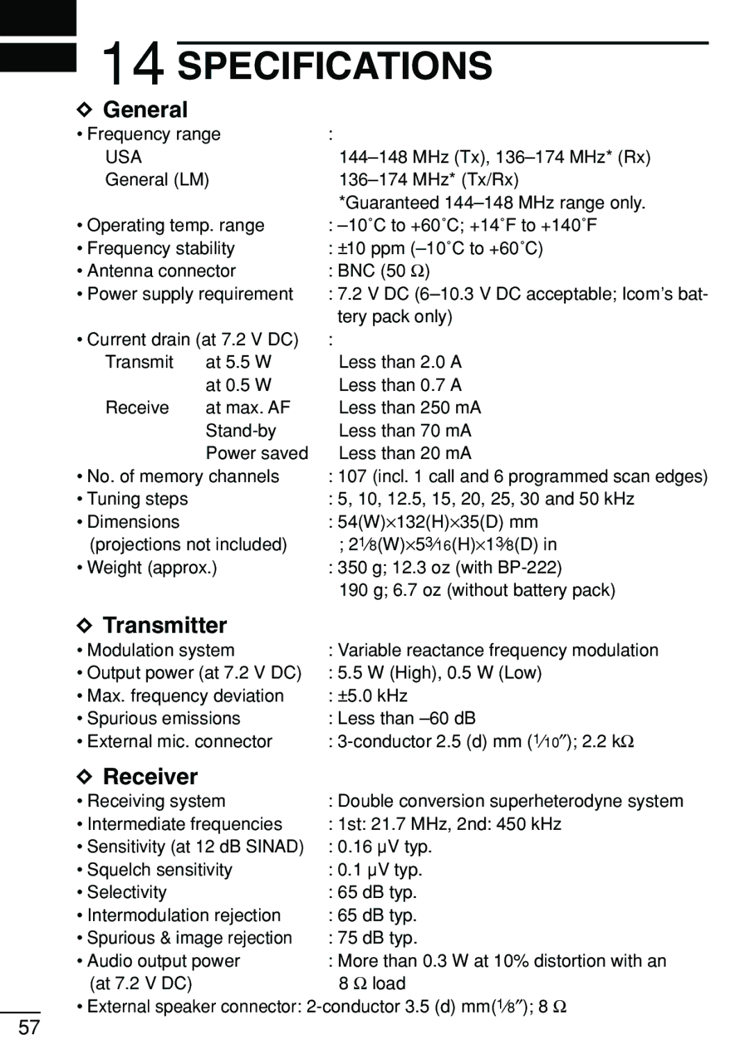 Icom IC-V8 instruction manual Specifications 