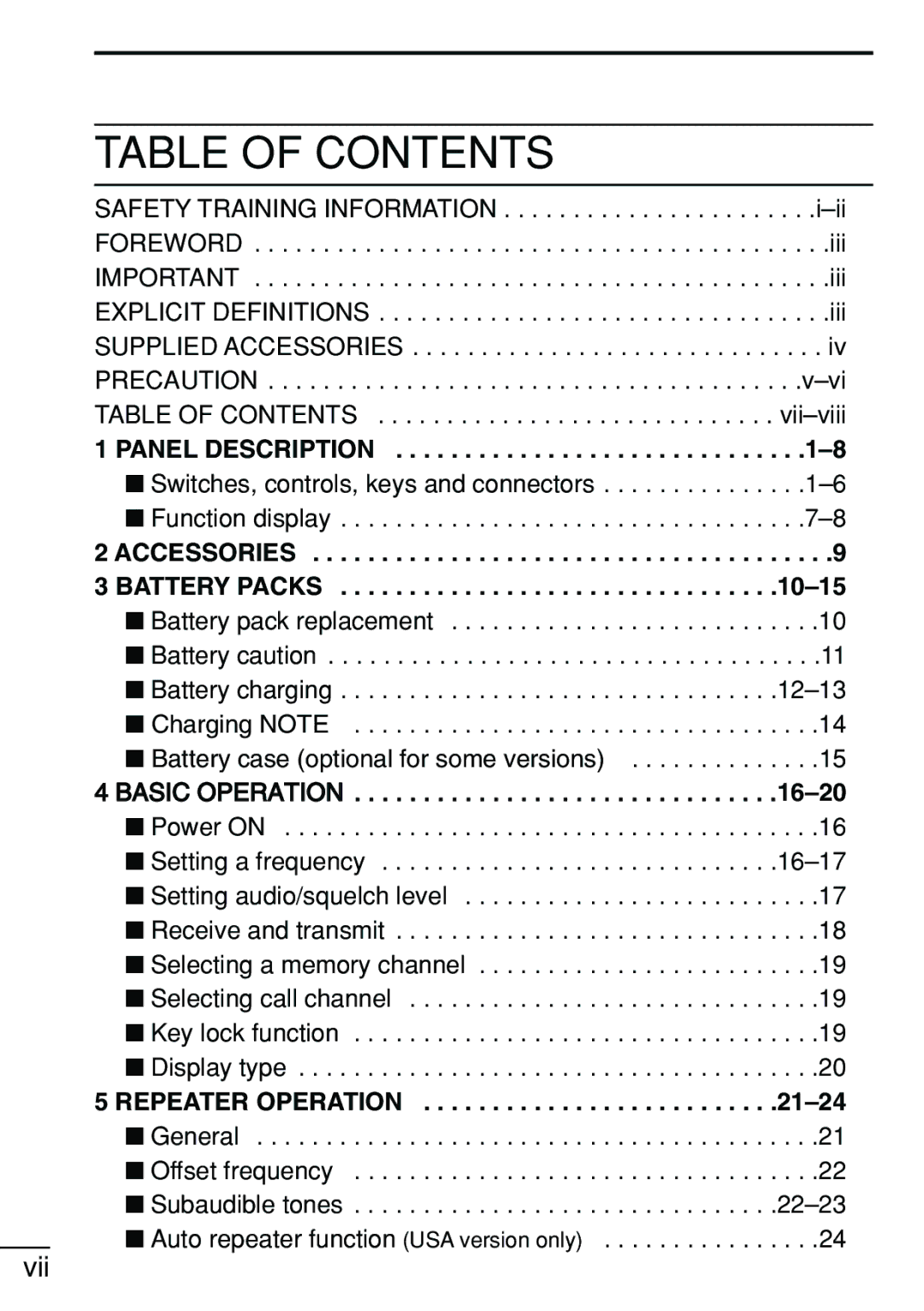 Icom IC-V8 instruction manual Table of Contents 