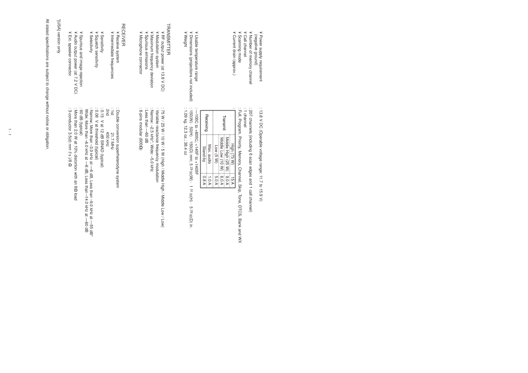 Icom IC-V8000 service manual Specifications, ‘ General, ‘ Transmitter, ‘ Receiver 