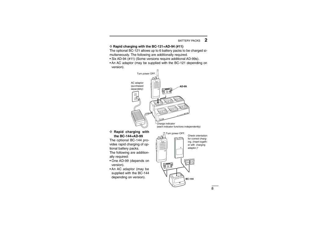 Icom iF22SR instruction manual Rapid charging with the BC-121+AD-94 #11, Rapid charging with BC-144+AD-99 