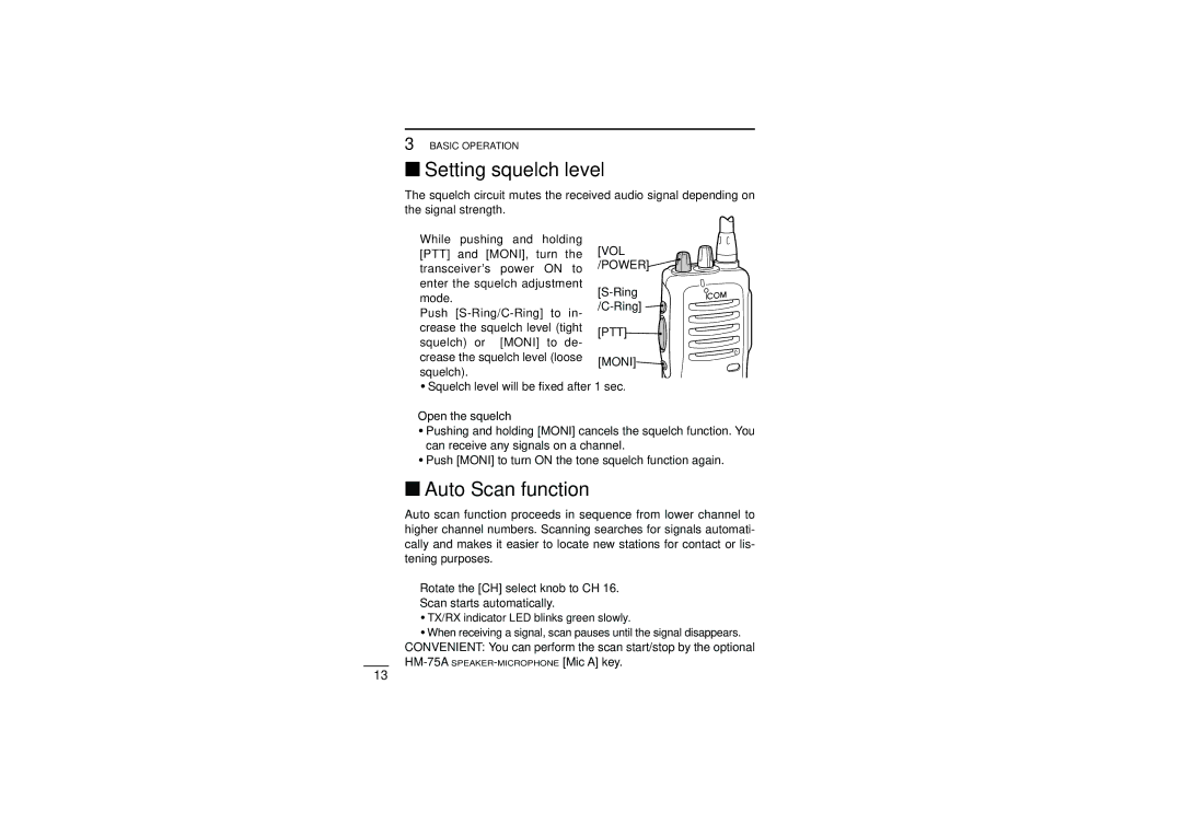 Icom iF22SR instruction manual ‘ Setting squelch level, ‘ Auto Scan function 