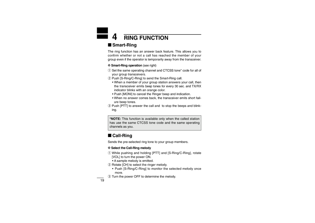 Icom iF22SR instruction manual Ring Function, Smart-Ring operation see right, Select the Call-Ring melody 