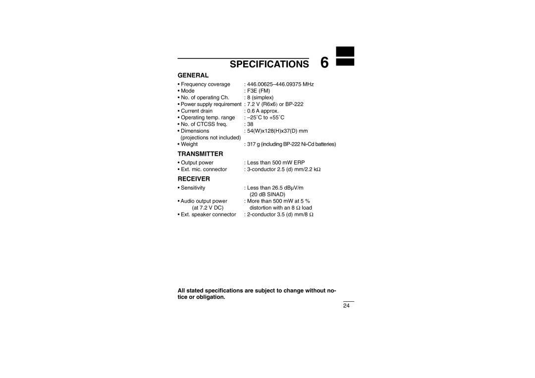 Icom iF22SR instruction manual Specifications, General 