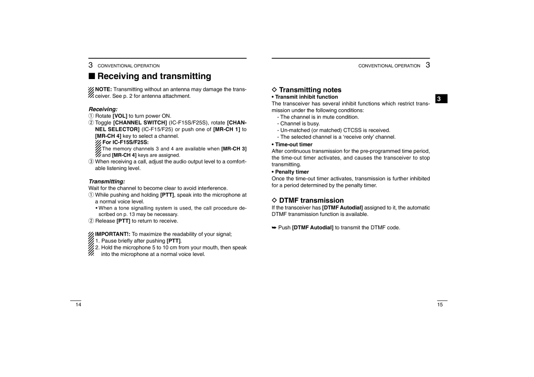 Icom iF25 S instruction manual Receiving and transmitting, Transmitting notes, Dtmf transmission 