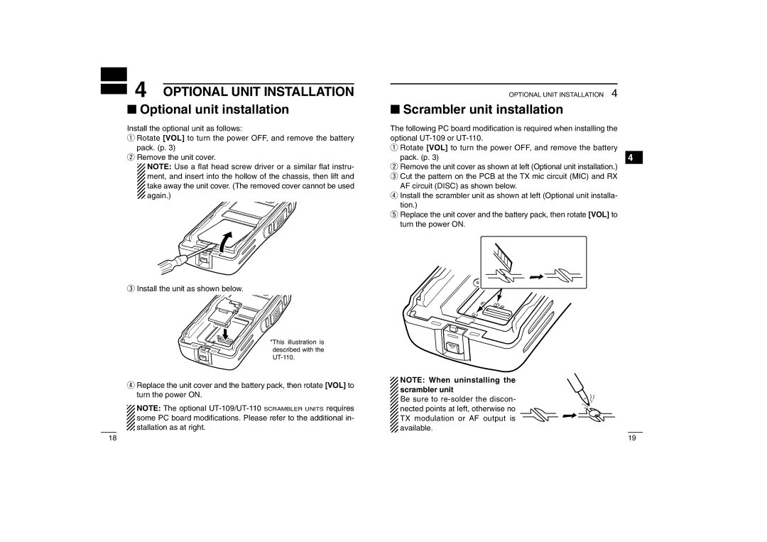 Icom iF25 S instruction manual Optional unit installation, Scrambler unit installation 