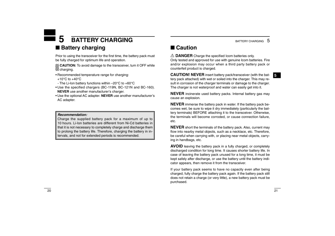 Icom iF25 S instruction manual Battery Charging, Battery charging, Recommendation 