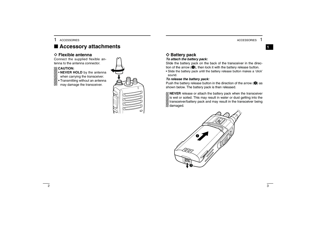 Icom iF25 S Accessory attachments, Flexible antenna, Battery pack, To attach the battery pack, To release the battery pack 