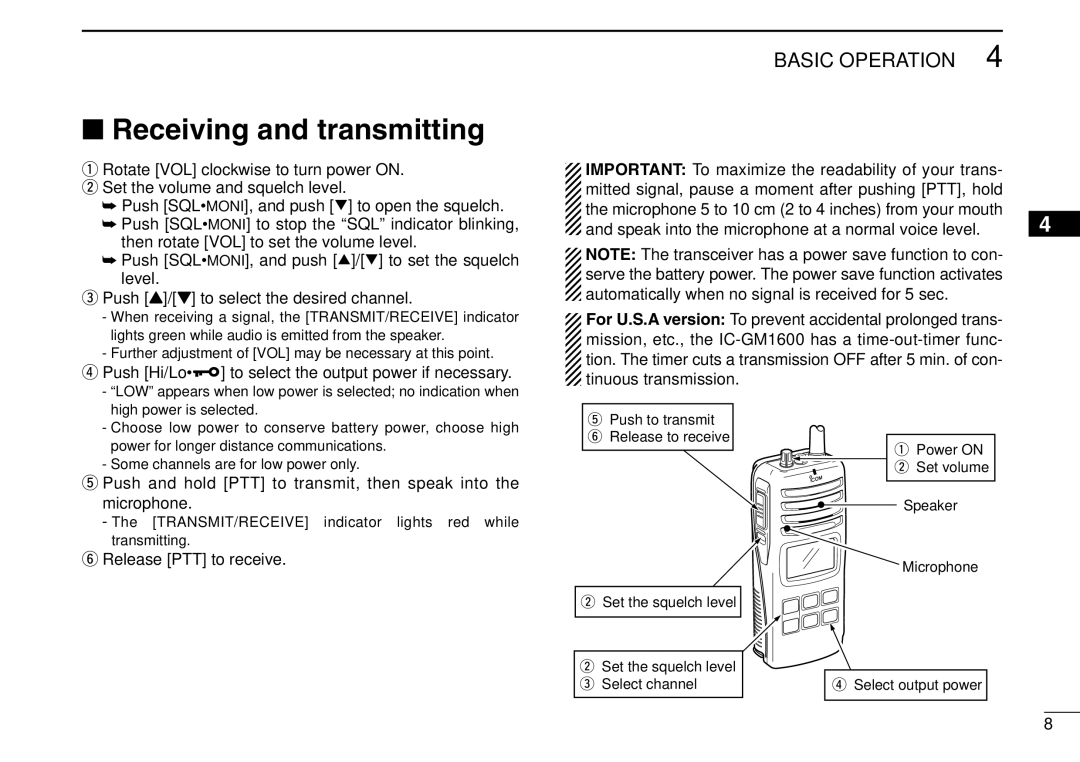 Icom IGM1600 instruction manual Receiving and transmitting, Basic Operation 