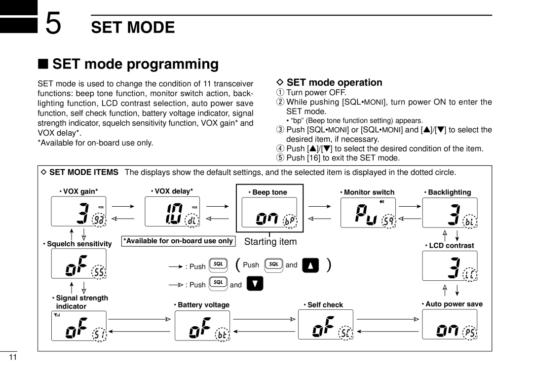 Icom IGM1600 instruction manual SET Mode, SET mode programming, SET mode operation 