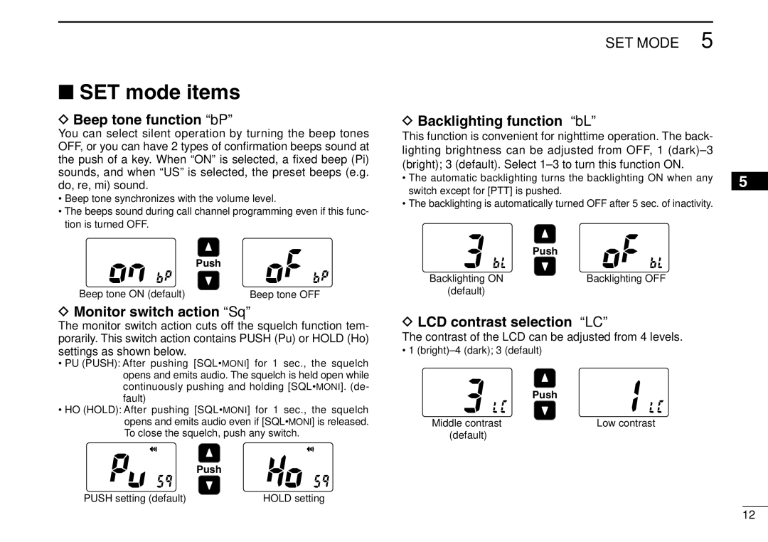 Icom IGM1600 instruction manual SET mode items, Beep tone function bP, Monitor switch action Sq, Backlighting function bL 