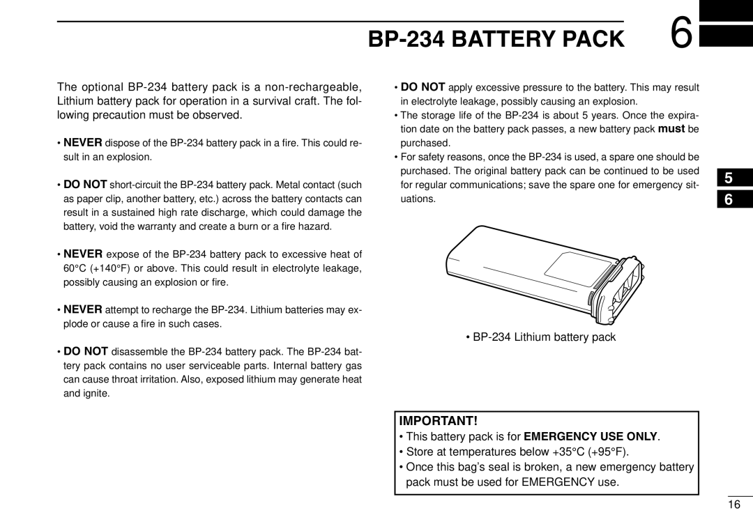 Icom IGM1600 instruction manual BP-234 Battery Pack 