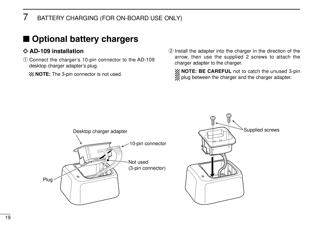 Icom IGM1600 instruction manual Optional battery chargers, AD-109 installation 