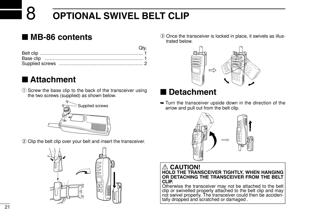 Icom IGM1600 instruction manual Optional Swivel Belt Clip, MB-86 contents, Attachment, Detachment 