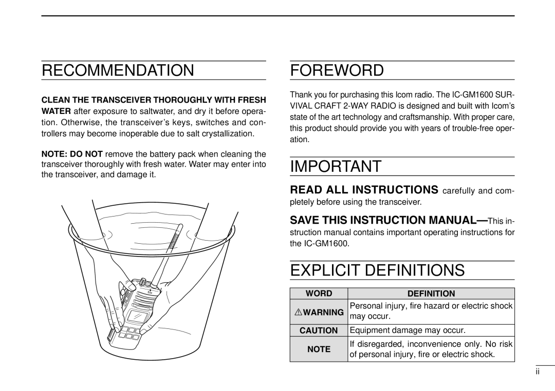 Icom IGM1600 instruction manual Clean the Transceiver Thoroughly with Fresh, Word Definition Rwarning 