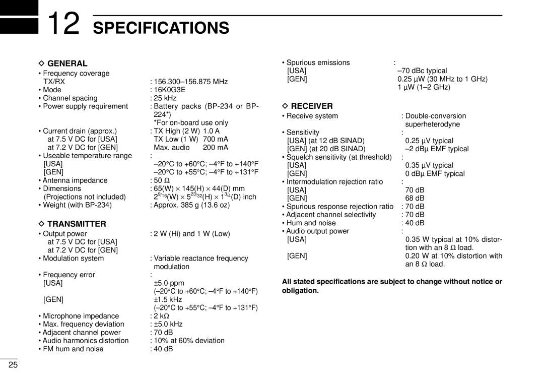 Icom IGM1600 instruction manual Specifications, General, Transmitter, Receiver 