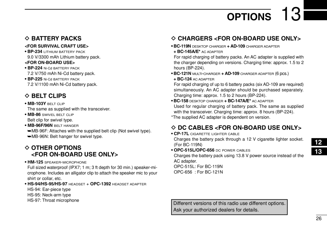 Icom IGM1600 instruction manual Options, Battery Packs 