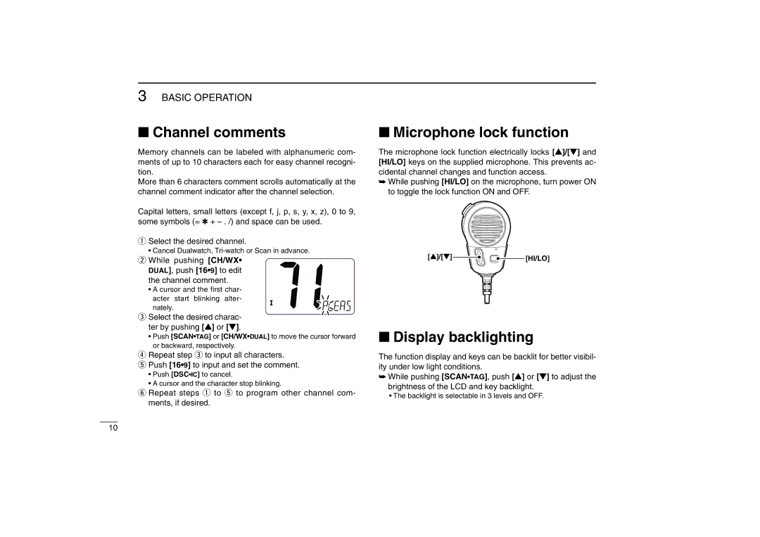 Icom IM402A Channel comments, Microphone lock function, Display backlighting, DUAL, push 169 to edit the channel comment 