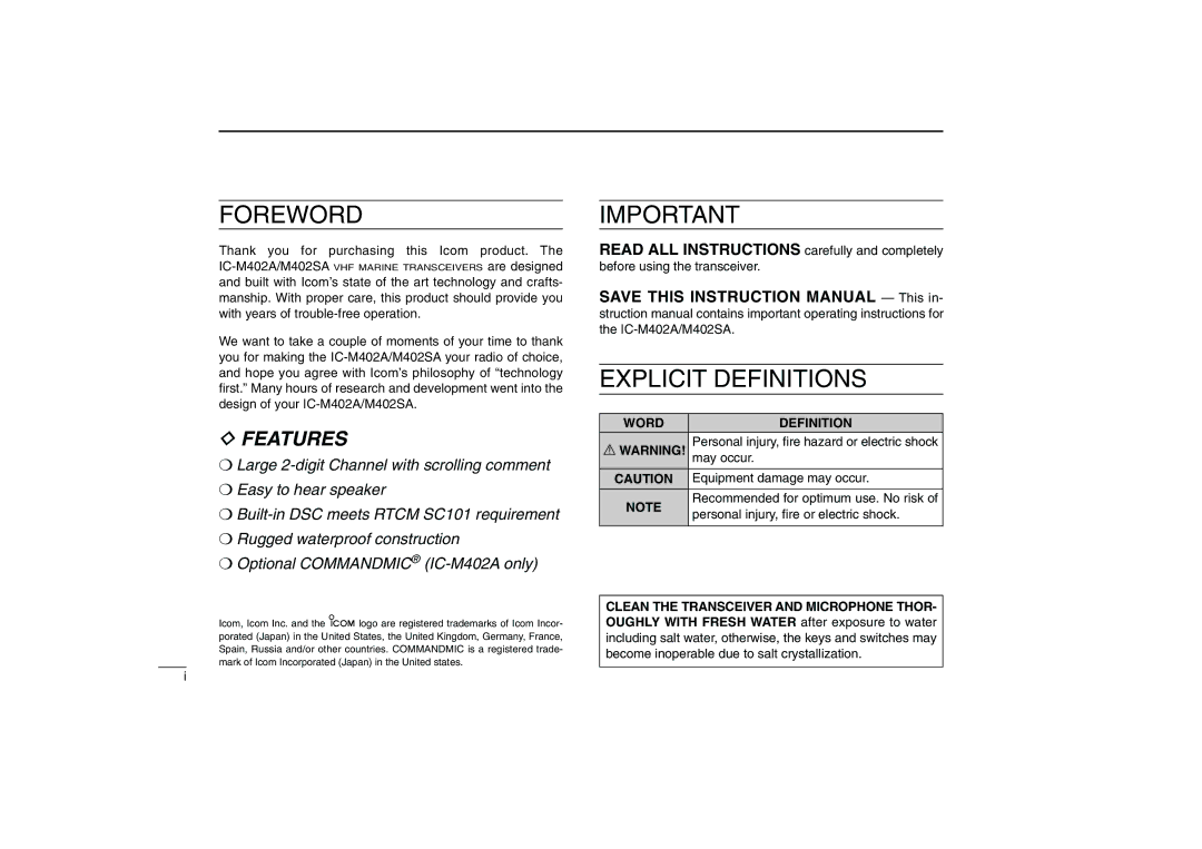 Icom IM402A, IM402SA instruction manual May occur, Equipment damage may occur, Personal injury, ﬁre or electric shock 