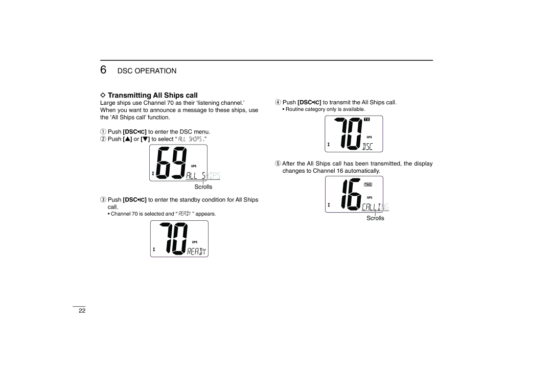 Icom IM402A, IM402SA instruction manual Transmitting All Ships call, Push Dscic to transmit the All Ships call 