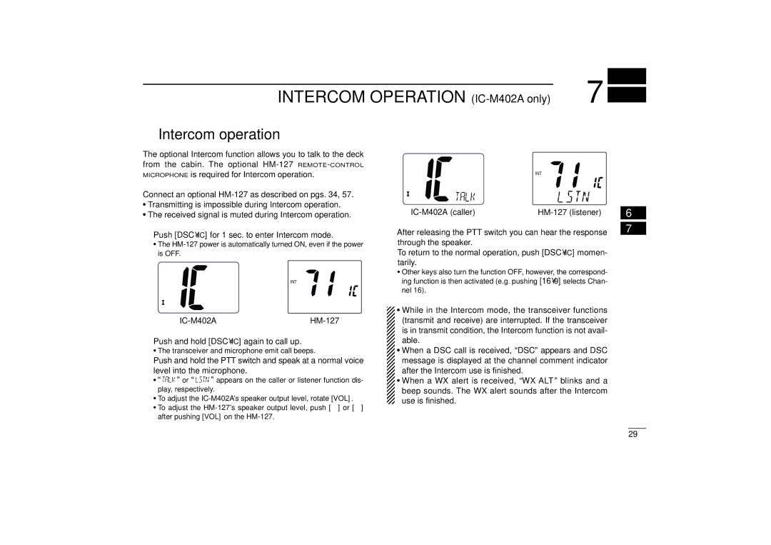 Icom IM402SA, IM402A instruction manual Intercom operation, Push and hold Dscic again to call up, IC-M402A caller 