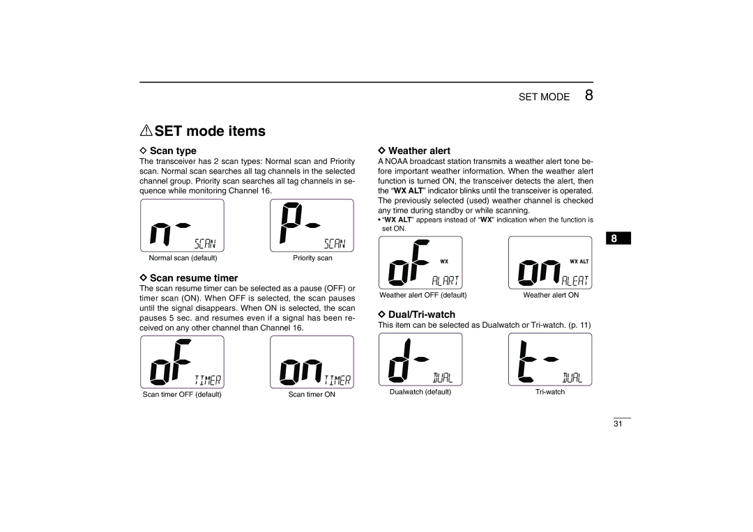 Icom IM402SA, IM402A instruction manual SET mode items, Scan type, Scan resume timer, Weather alert, Dual/Tri-watch 
