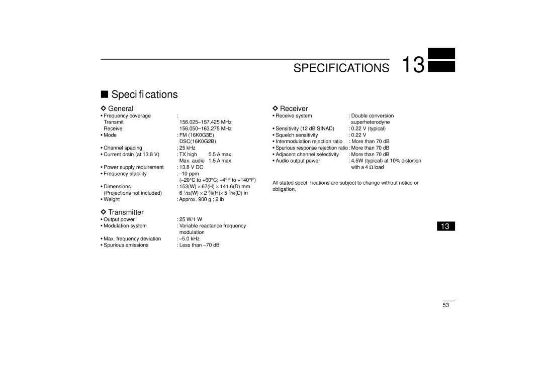 Icom IM402SA, IM402A instruction manual Specifications, Speciﬁcations, General, Receiver, Transmitter 