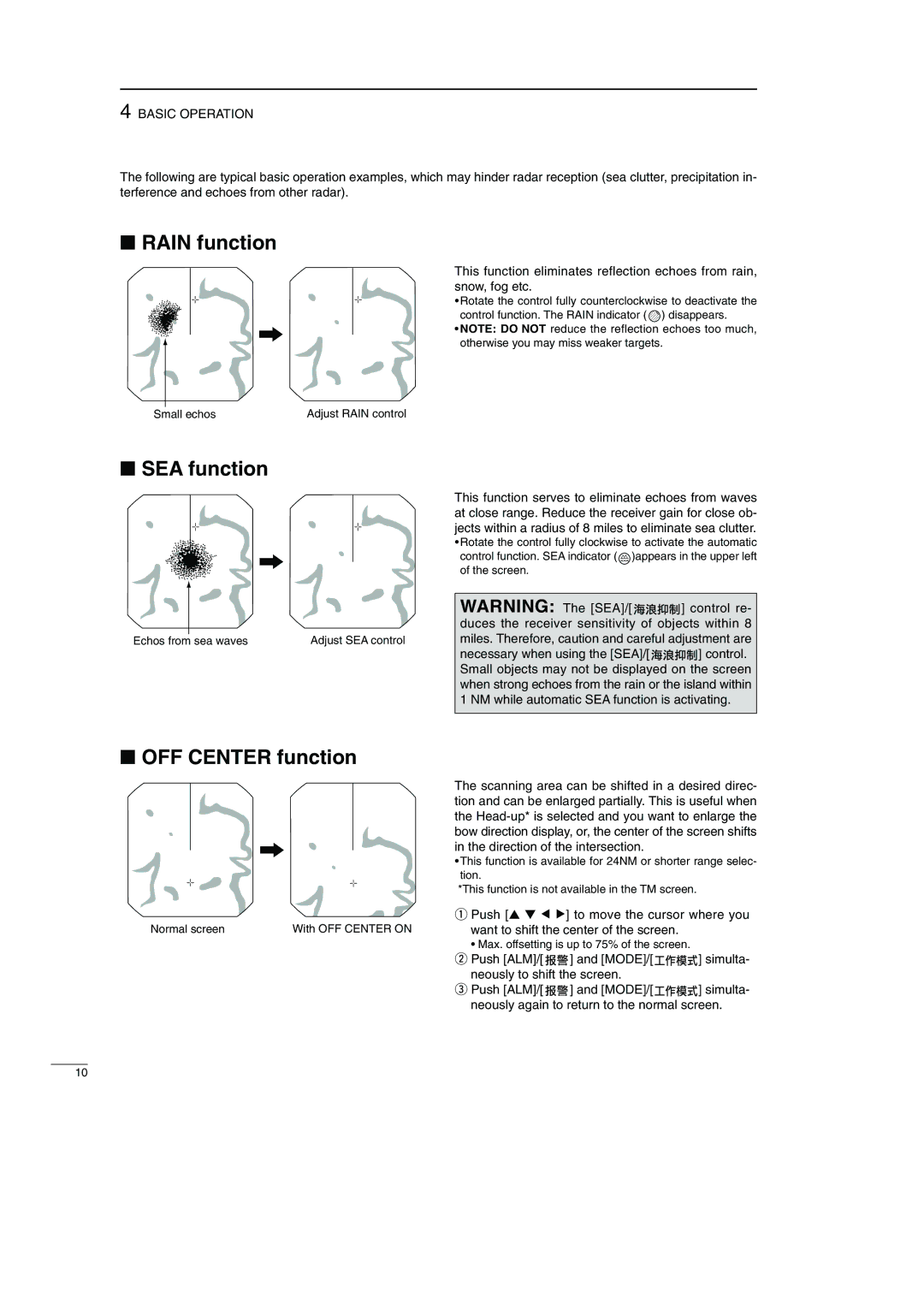 Icom EX-2714, MR-1000TTM, MR-1000RTM instruction manual Rain function, SEA function, OFF Center function 