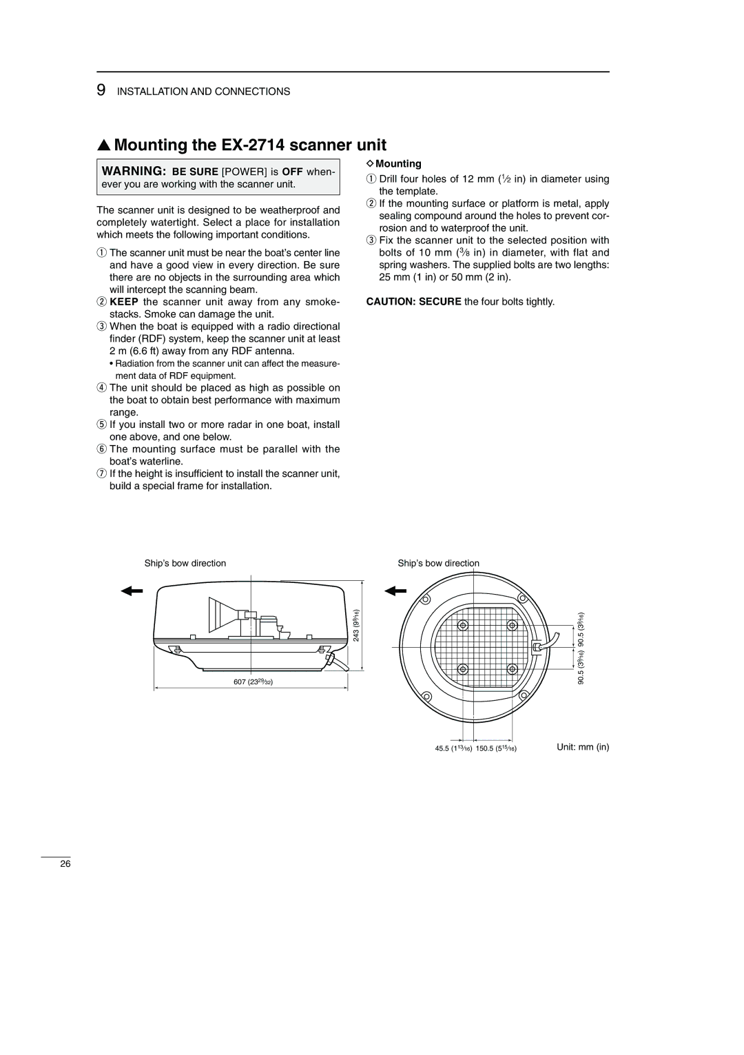 Icom MR-1000TTM, MR-1000RTM instruction manual Mounting the EX-2714 scanner unit, Ship’s bow direction 