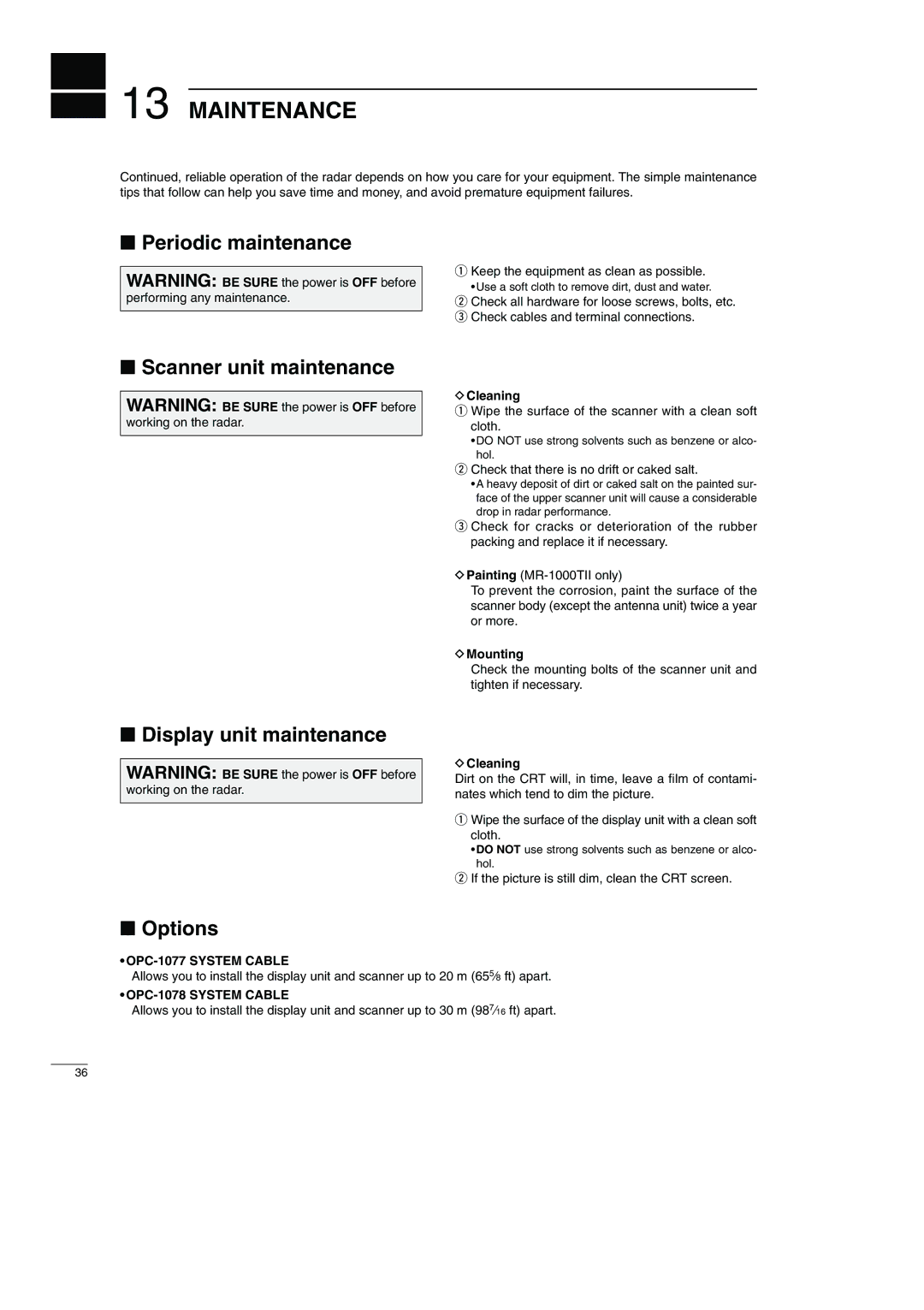 Icom MR-1000RTM, MR-1000TTM Maintenance, Periodic maintenance, Scanner unit maintenance, Display unit maintenance, Options 