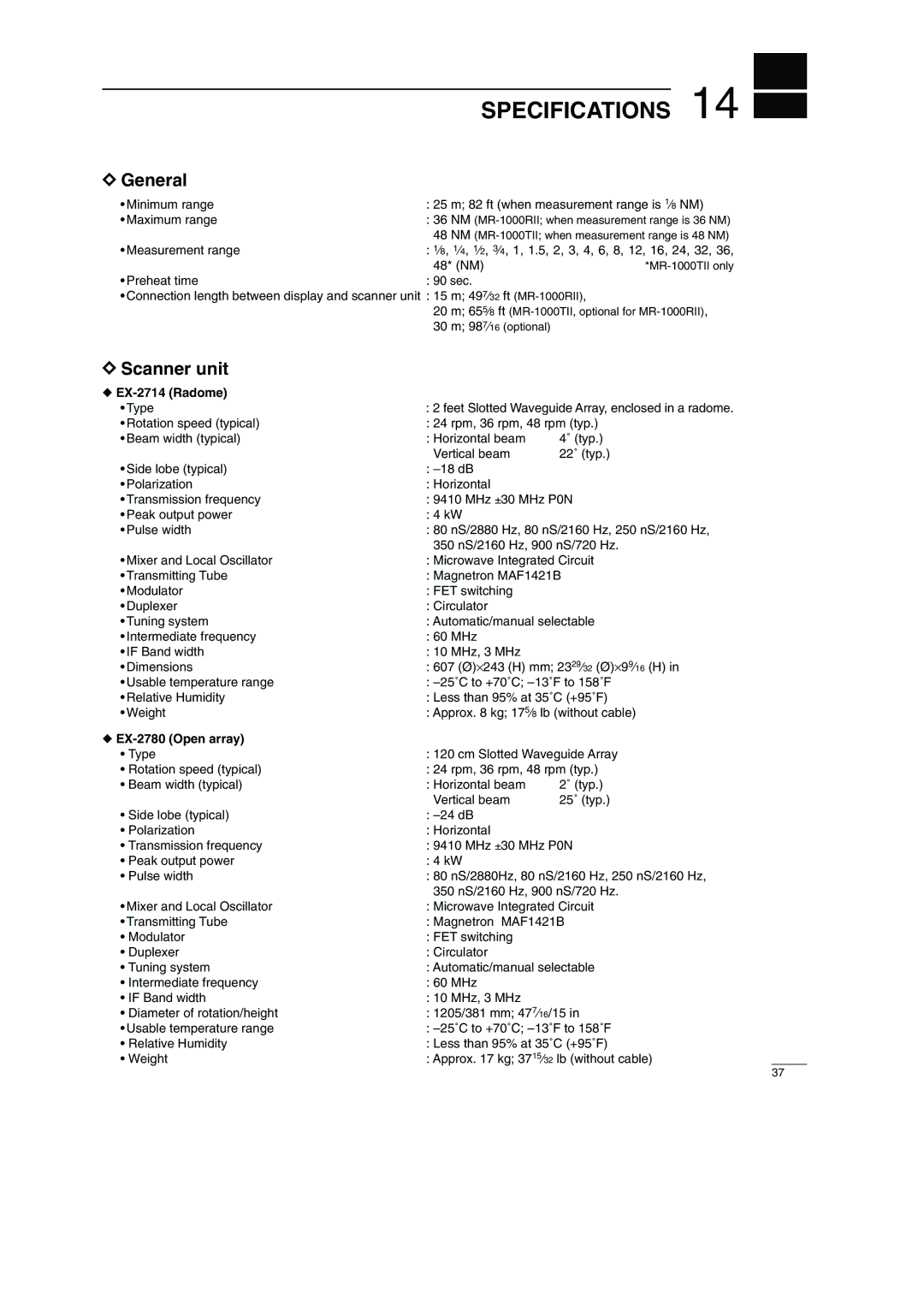 Icom MR-1000TTM, MR-1000RTM instruction manual Specifications, EX-2714 Radome, EX-2780 Open array 