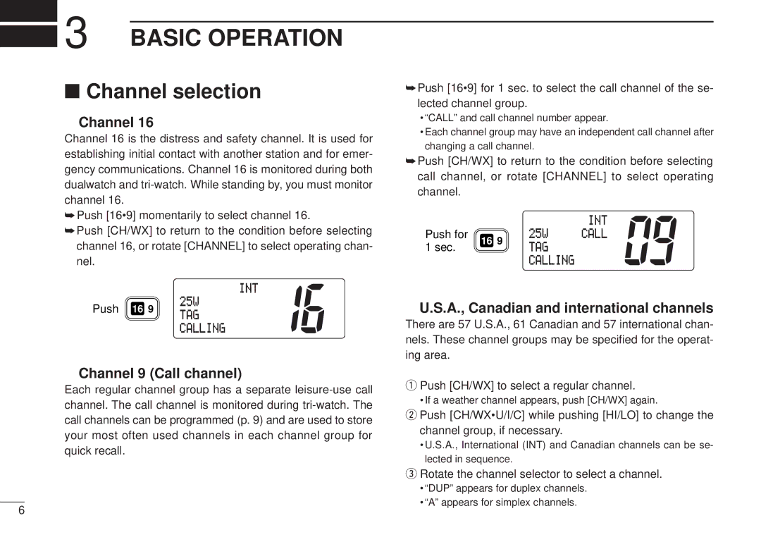 Icom VHF MARINE TRANSCEIVER, IC-M502 instruction manual Basic Operation, Channel selection, Channel 9 Call channel 