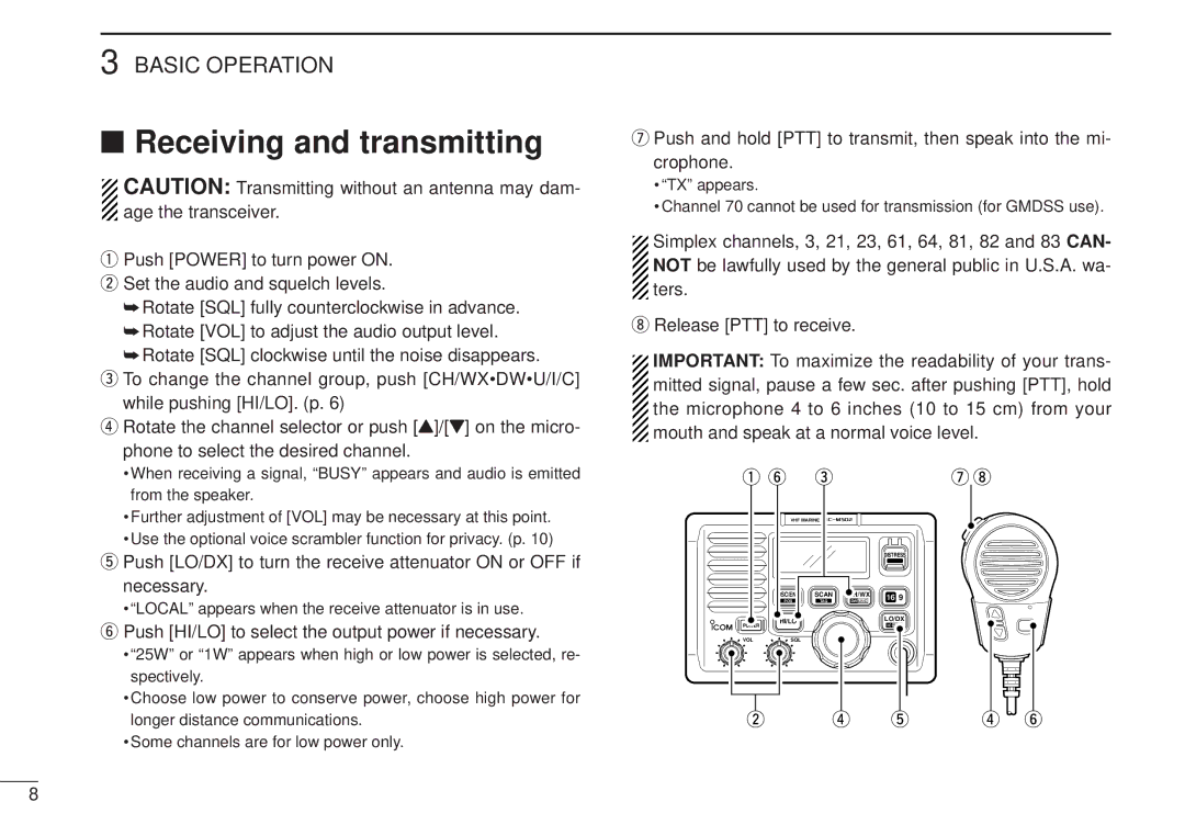 Icom VHF MARINE TRANSCEIVER Receiving and transmitting, Push LO/DX to turn the receive attenuator on or OFF if, Necessary 