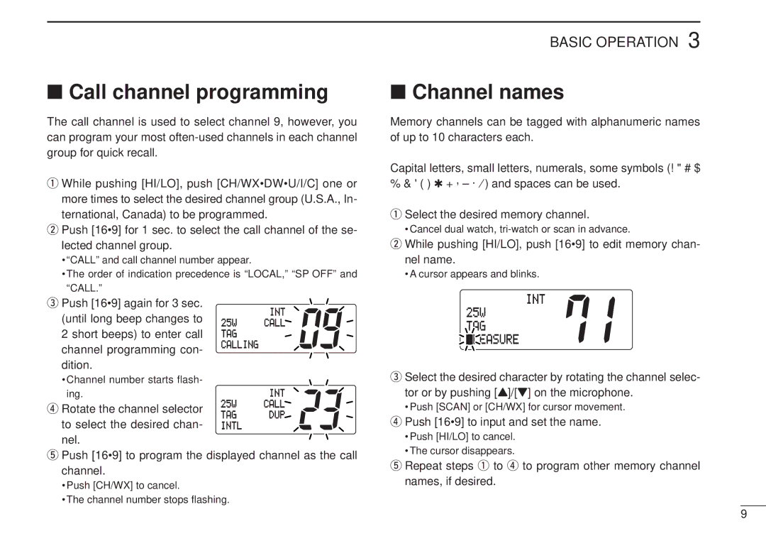 Icom IC-M502, VHF MARINE TRANSCEIVER instruction manual Call channel programming, Channel names, 25W TAG äLEASURE 