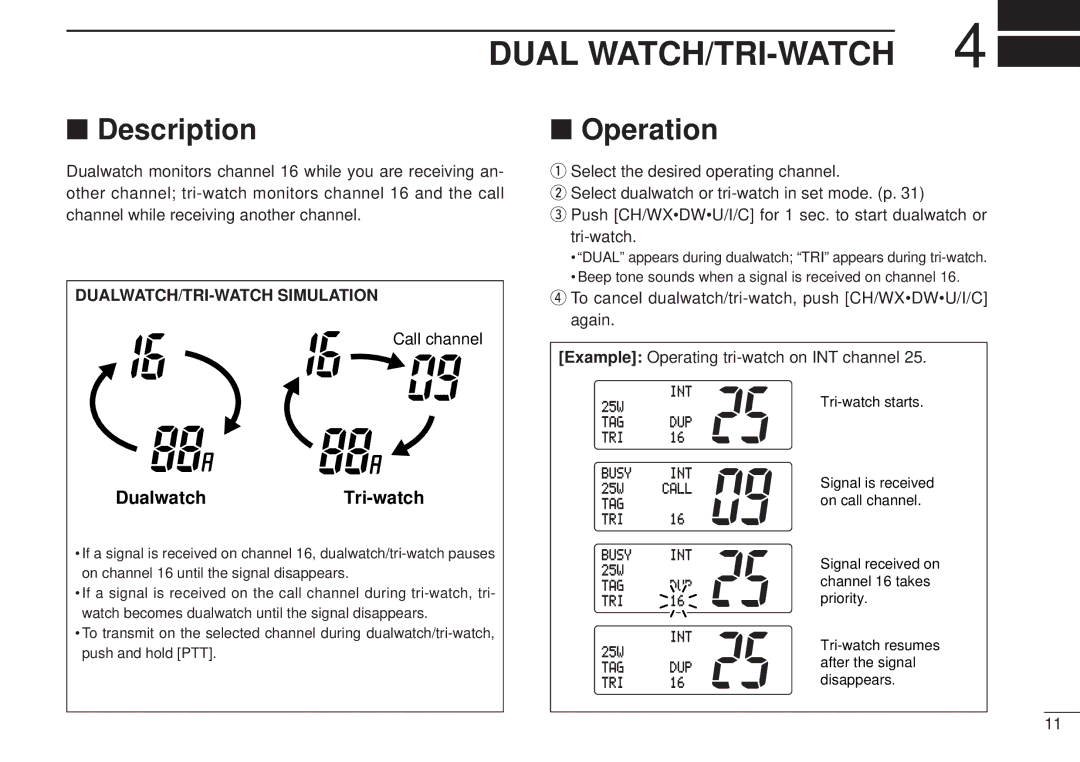 Icom IC-M502, VHF MARINE TRANSCEIVER instruction manual Description Operation, DUALWATCH/TRI-WATCH Simulation, Call channel 