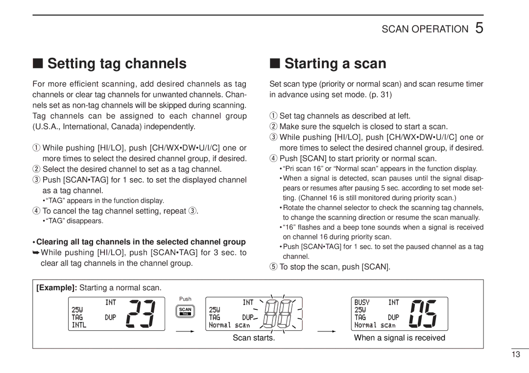 Icom IC-M502 Setting tag channels Starting a scan, Clearing all tag channels in the selected channel group, Scan starts 