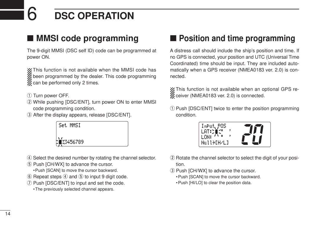 Icom VHF MARINE TRANSCEIVER DSC Operation, Mmsi code programming, Position and time programming, LATÊÊÊÊ Lonêêêêê 