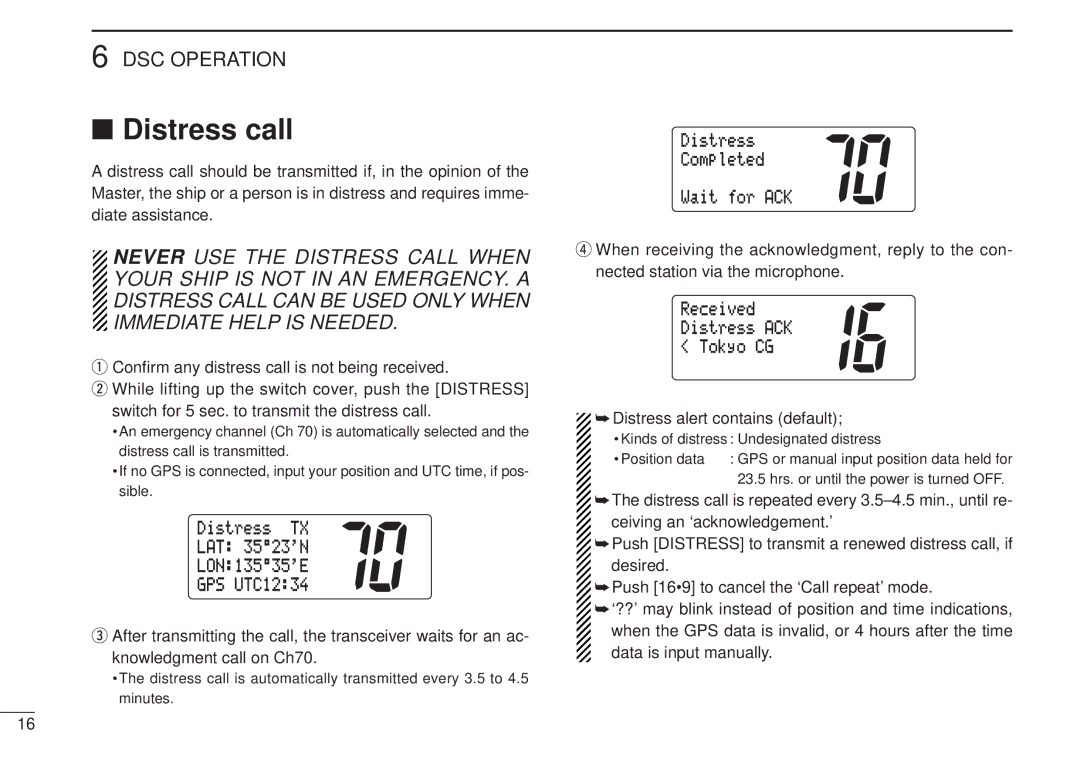 Icom VHF MARINE TRANSCEIVER Distress call, DistressÊÊTX LATÊ3523N LON13535E, GPSÊUTC1234, Distress Completed WaitÊforÊACK 