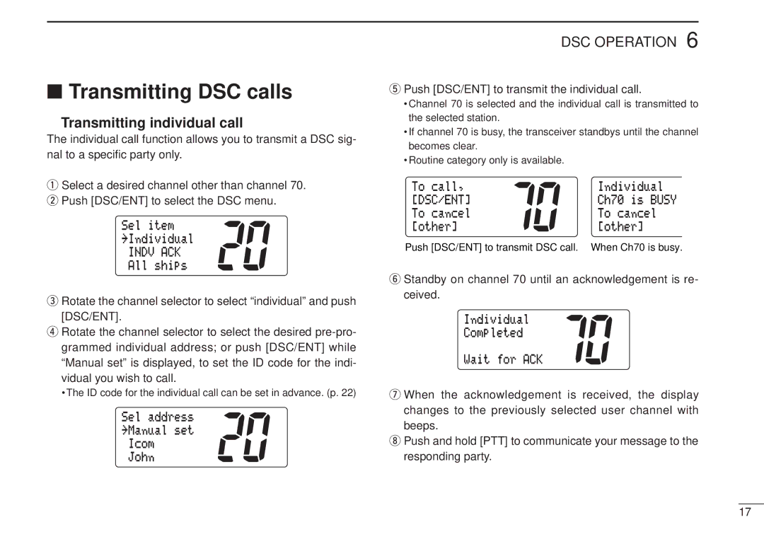 Icom IC-M502, VHF MARINE TRANSCEIVER Transmitting DSC calls, Transmitting individual call, Êindvêack, Dsc/Ent 